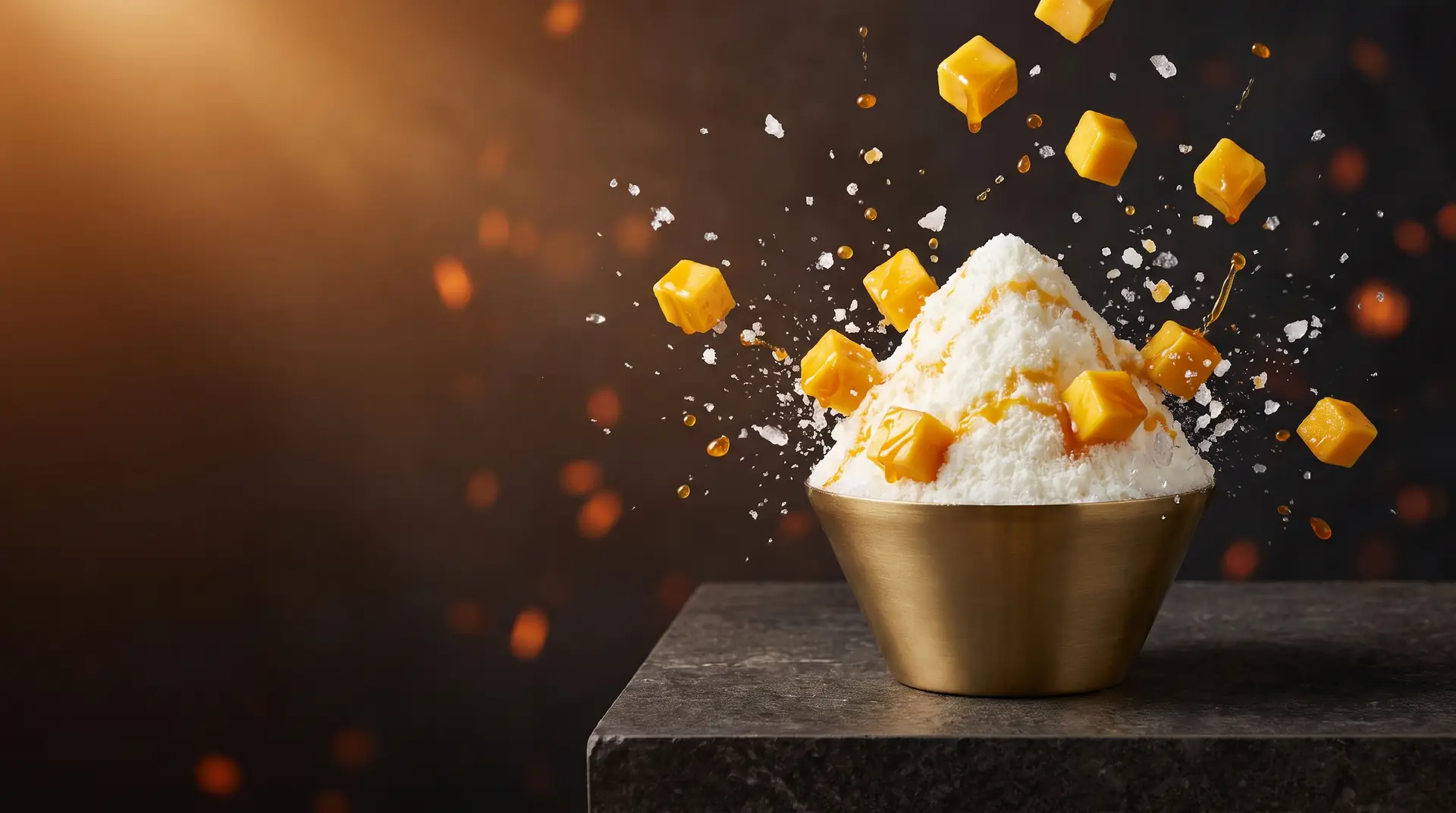 Mango cubes and shaved-ice crystals bursting over a brass bowl of snow bingsu