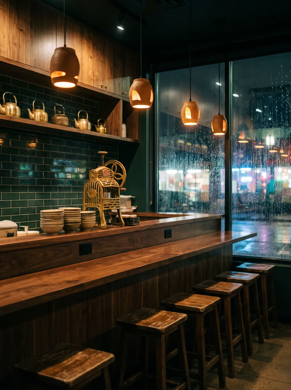 A walnut counter under clay lanterns, brass kettles on the shelf and rain on the window