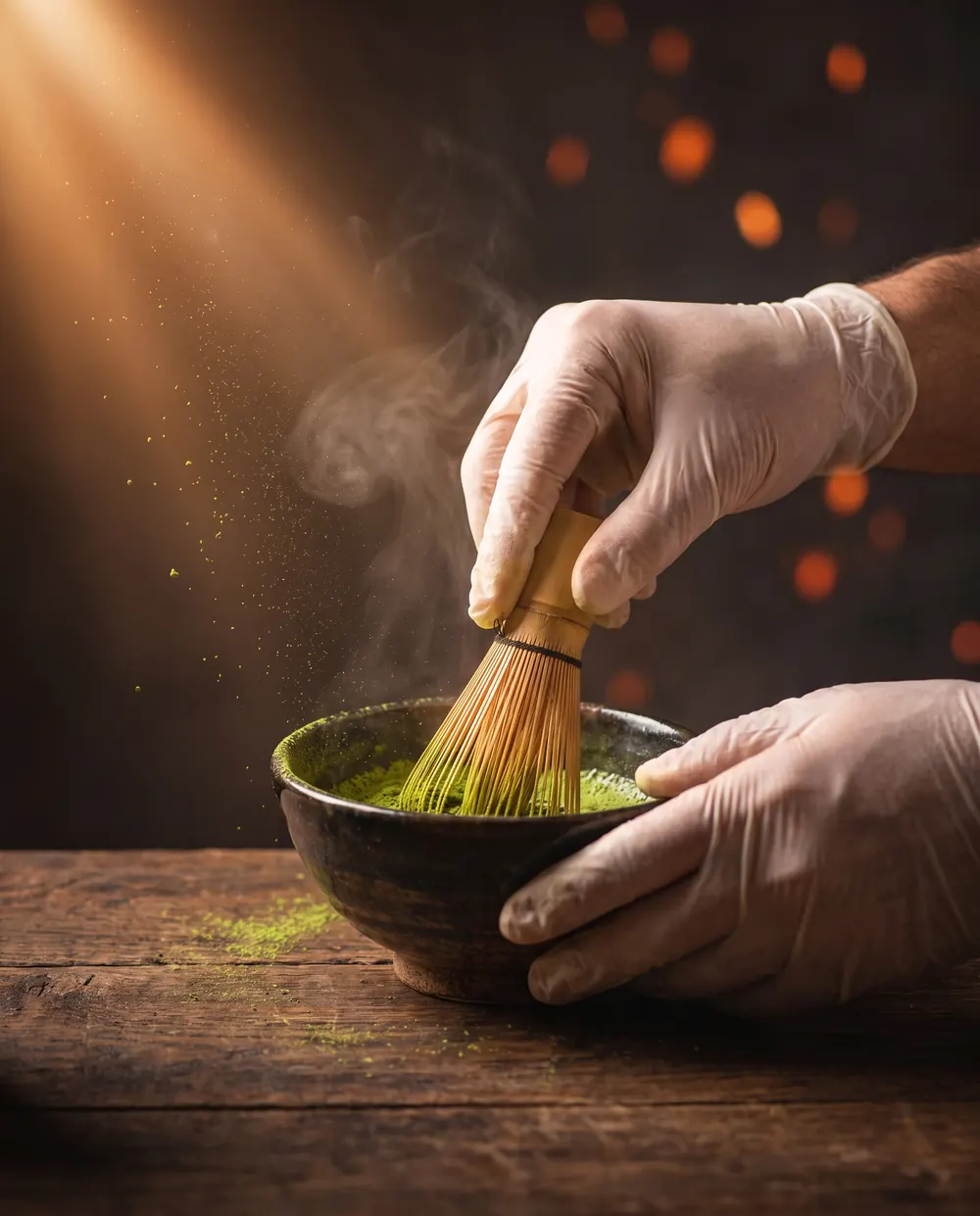 Hands whisking bright green matcha in a dark clay bowl