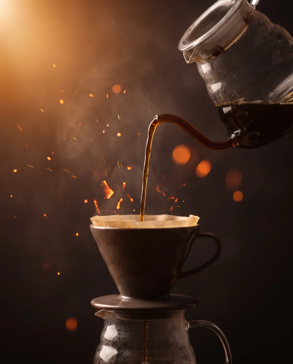 Coffee pouring from a glass kettle into a dripper, embers glowing behind